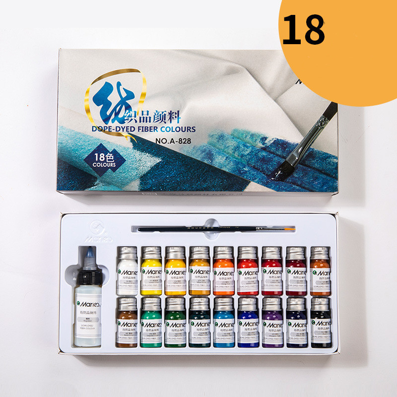 Fabric paint set with 18 colour vials and seasoning medium on white background