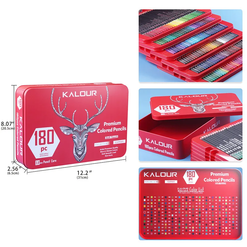 Red tin box dimensions for 180 piece KALOUR coloured pencils set