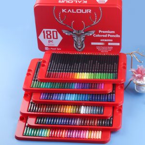 180 coloured pencils arranged in open red tin showing full colour range