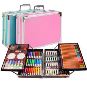 145 piece art set open showing coloured pencils paints and pastels