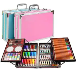 145 piece art set open showing coloured pencils paints and pastels