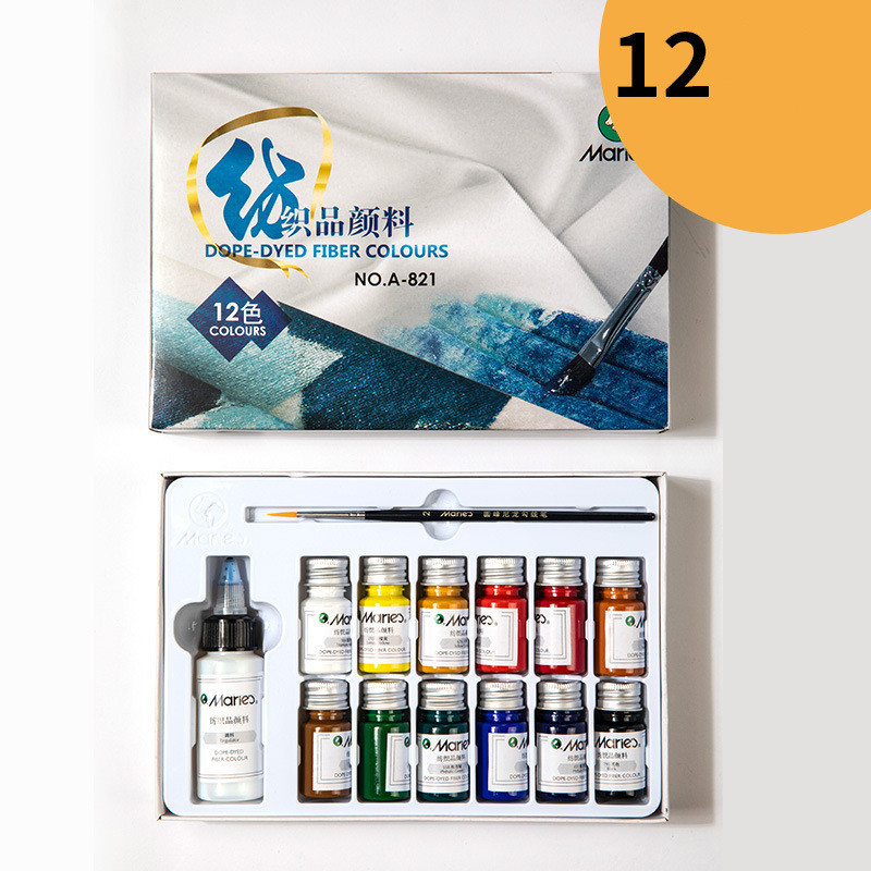 Fabric paint set with 12 colour vials and seasoning medium on white background
