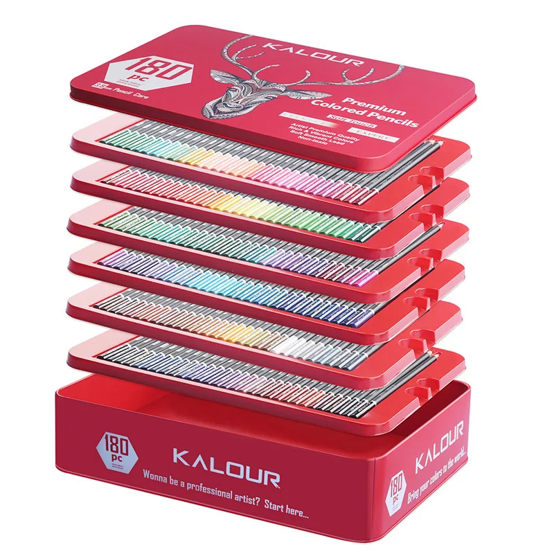 Stacked KALOUR coloured pencil tins showing set size and depth