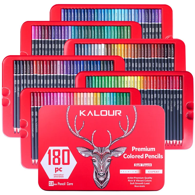 KALOUR 180 coloured pencils set in red tin box front view