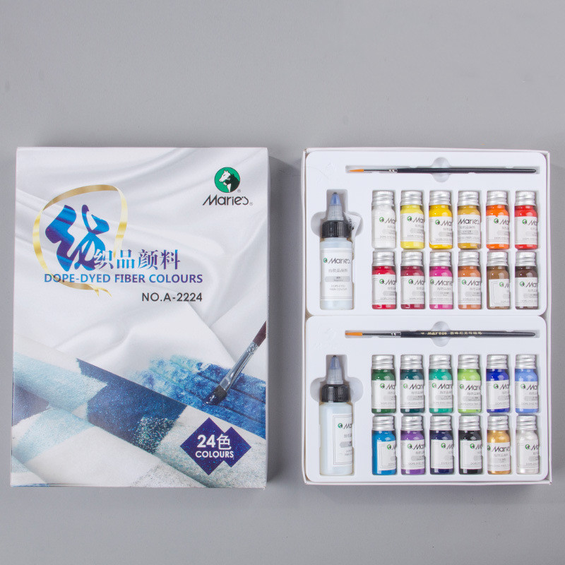 Fabric paint set with 24 colour vials and seasoning medium on white background