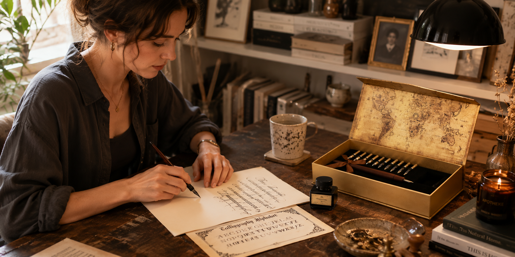 Modern artist using a calligraphy dip pen set gift box in a warm retro-inspired studio with ink bottle, parchment paper and elegant handwriting practice sheets on a wooden desk.