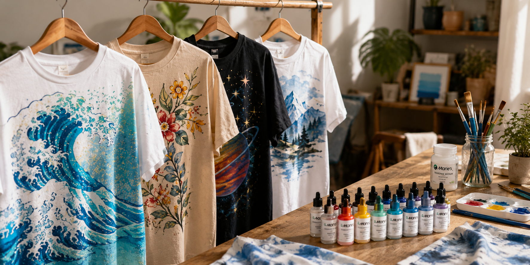 Colourful fabric paint vials and brushes on a wooden side table with hand-painted T-shirts hanging in a creative textile art studio.