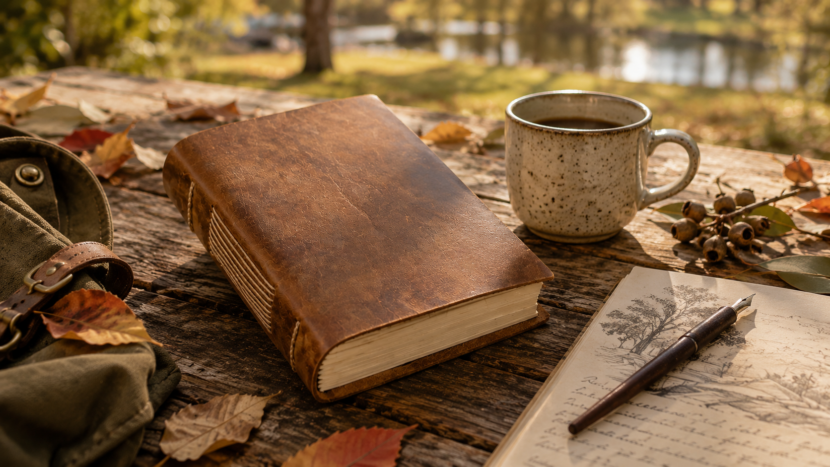Handmade leather sketchbook resting on a rustic outdoor wooden table in an Australian autumn park with a coffee mug, sketch page and scattered autumn leaves in warm natural sunlight.
