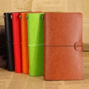 Vintage travellers notebook in PU leather showing five colour options A6