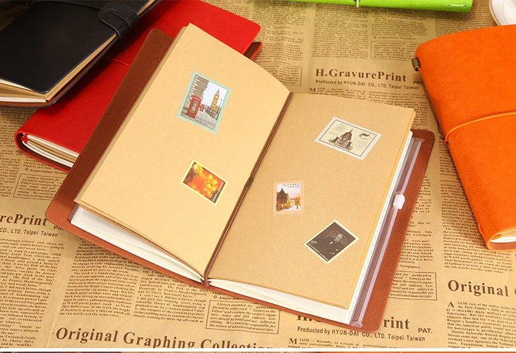 A6 travellers notebook open with travel stickers and mementos inside