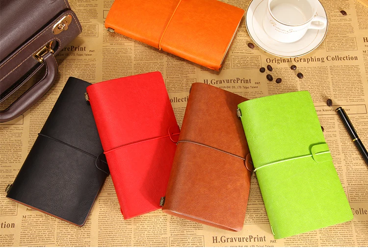 Vintage travellers notebook in PU leather showing five colour options A6