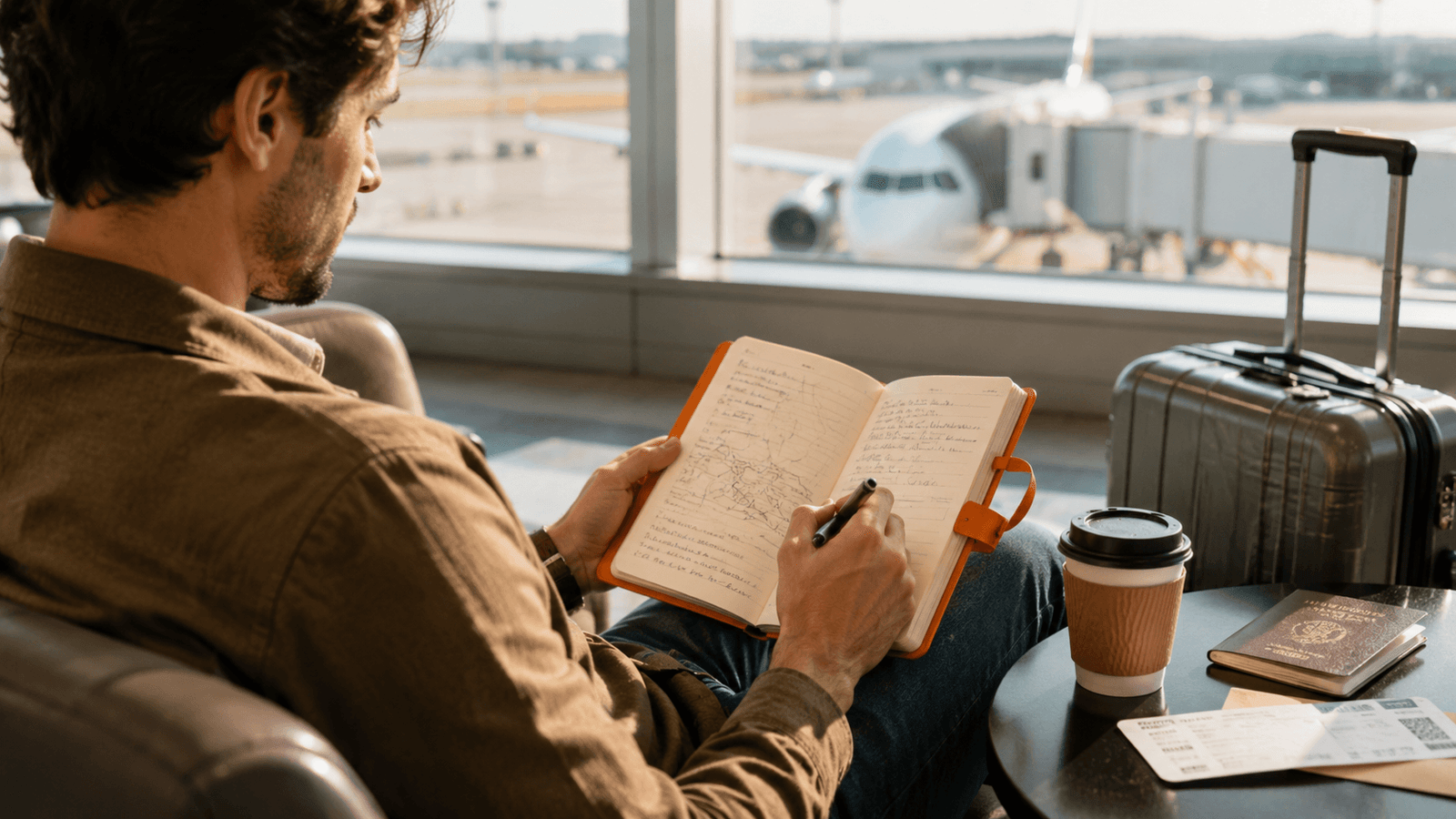 A traveller sits in an airport lounge near large windows, writing a travel plan in an open orange leather-style travellers notebook while waiting for a plane. A carry-on suitcase, coffee cup, passport and boarding pass sit nearby, with an aircraft visible outside on the tarmac.