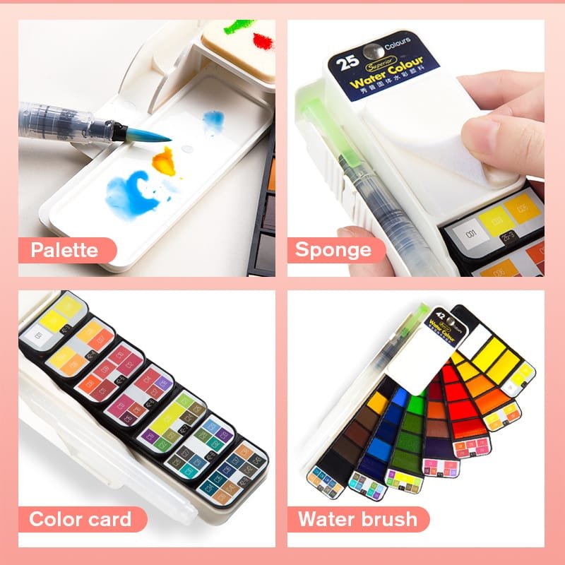 Travel watercolour set open showing built in palette and sponge