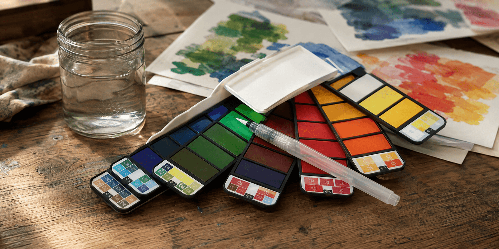 Open foldable watercolour paint set with a water brush and glass jar on a rustic wooden desk, surrounded by colourful painted swatches.